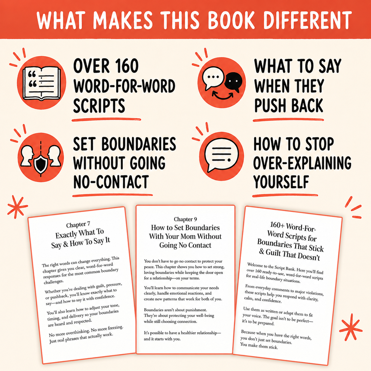 Book features and sample pages covering scripts and handling pushback