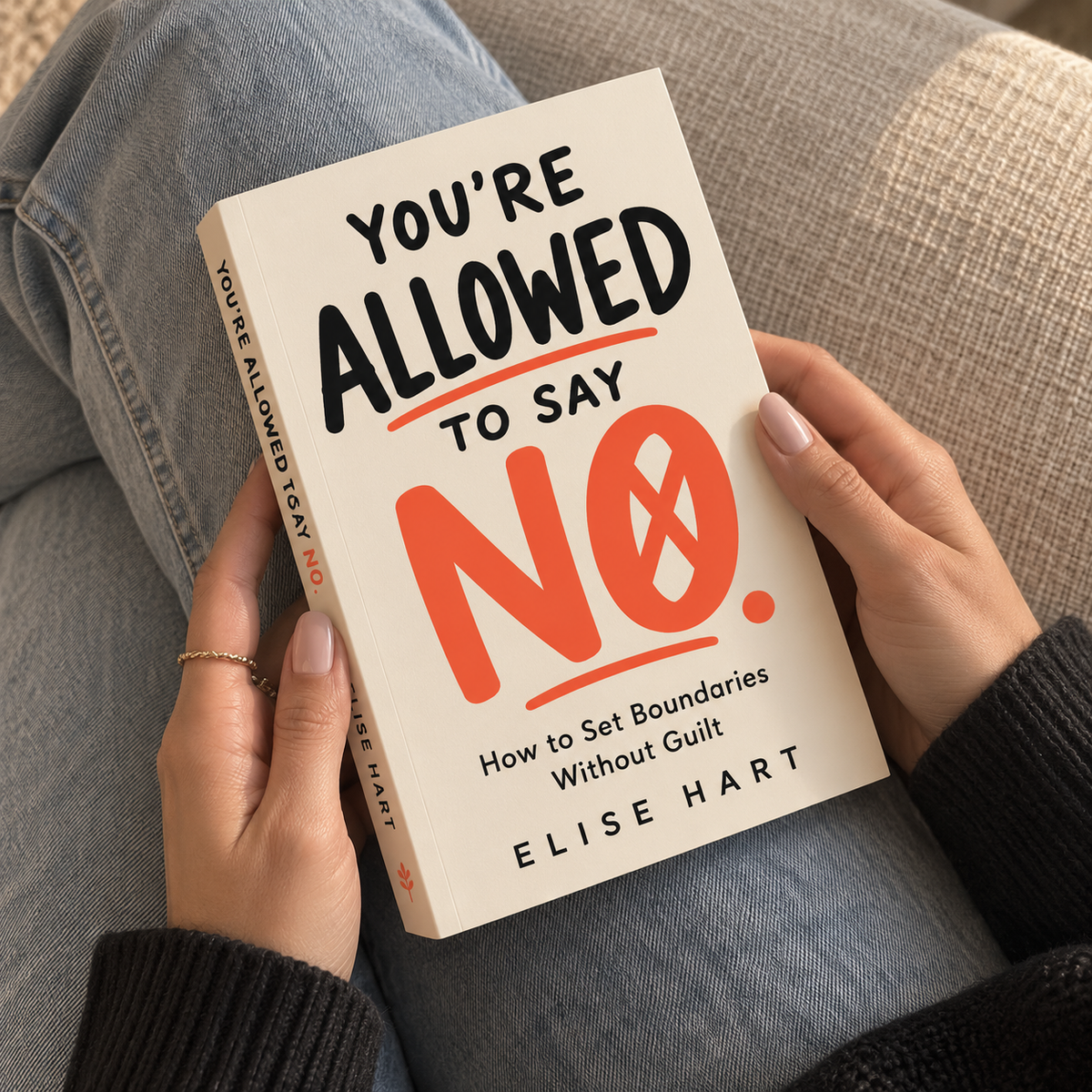 Close-up mockup of You're Allowed to Say No held in hands