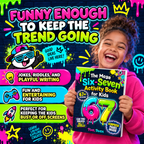 Six-Seven activity book promotional graphic showing jokes, riddles and playful writing