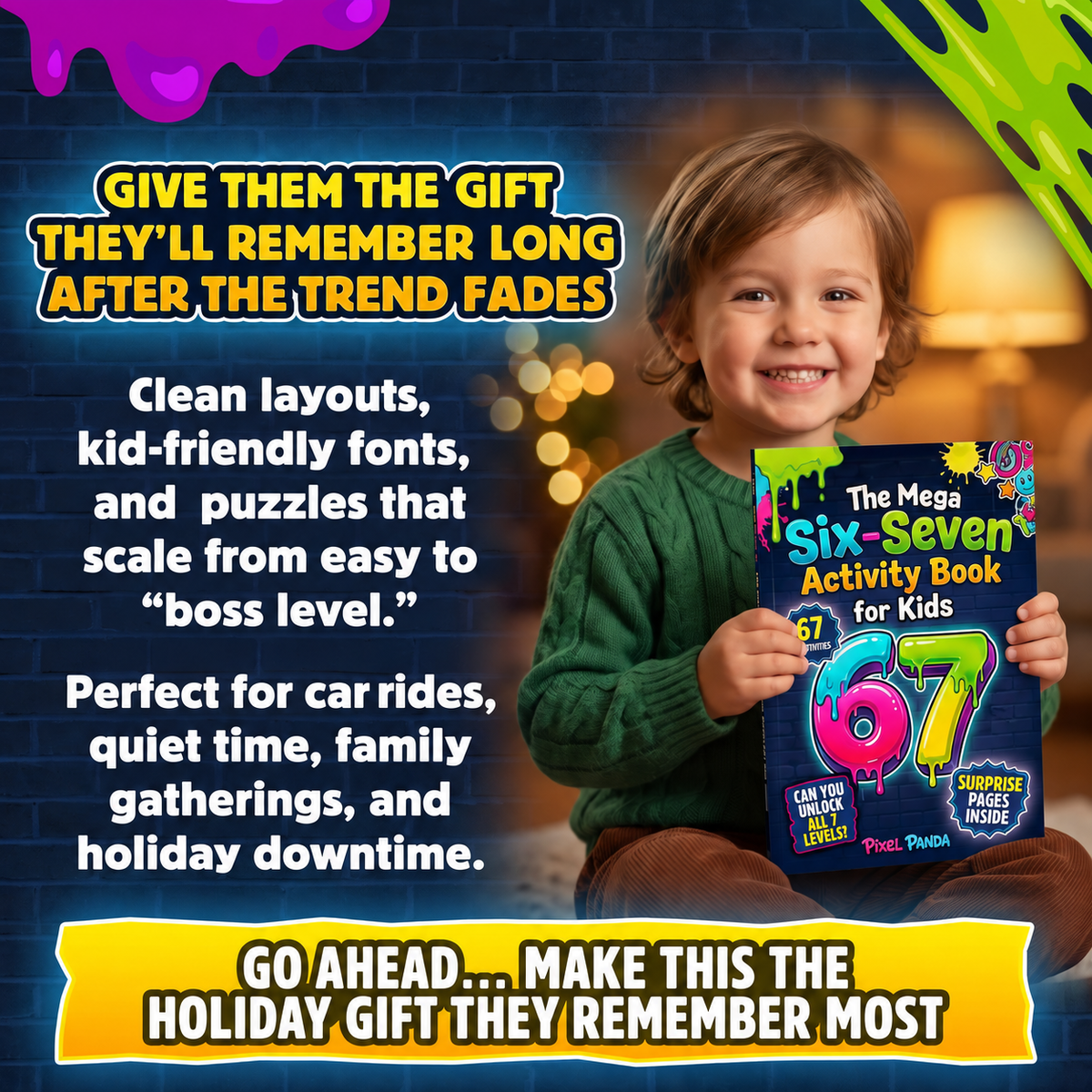 Six-Seven activity book gift graphic with an illustrated child holding the book