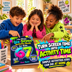Illustrated children with the Six-Seven activity book and screen-free activity message