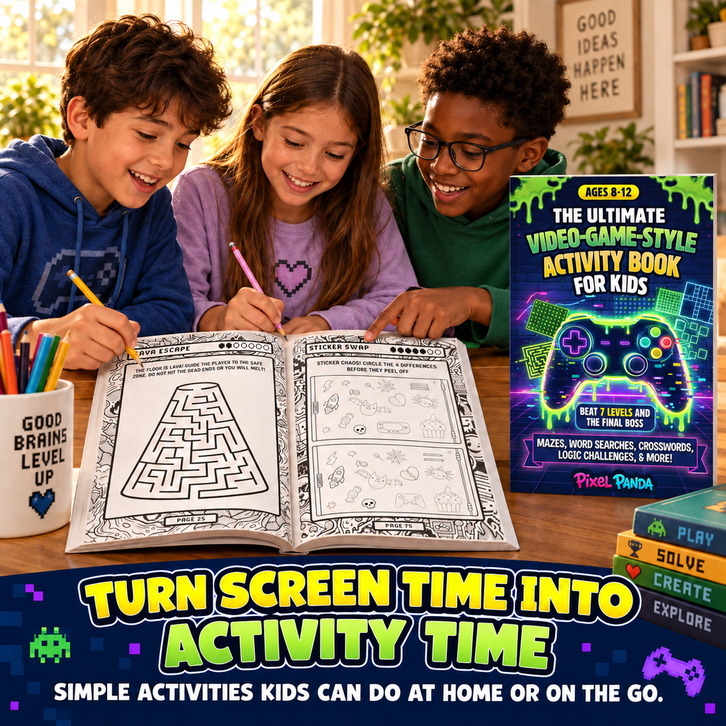Promotional illustration of children with the Video Game activity book and sample activities