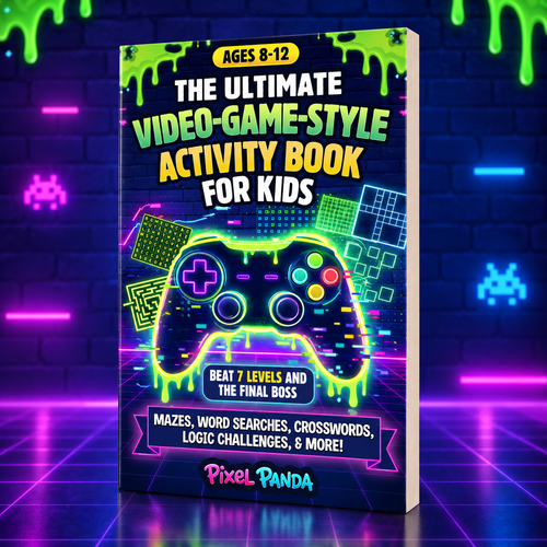 The Ultimate Video-Game-Style Activity Book for Kids ages 8–12 by Pixel Panda — cover mockup